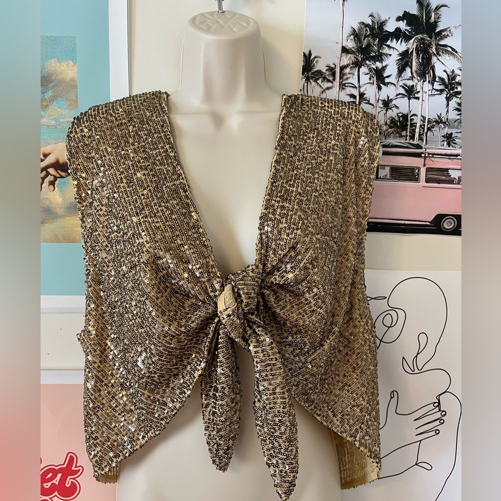 WE THE FREE / FREE PEOPLE reversible gold sequin tie top NWT XS